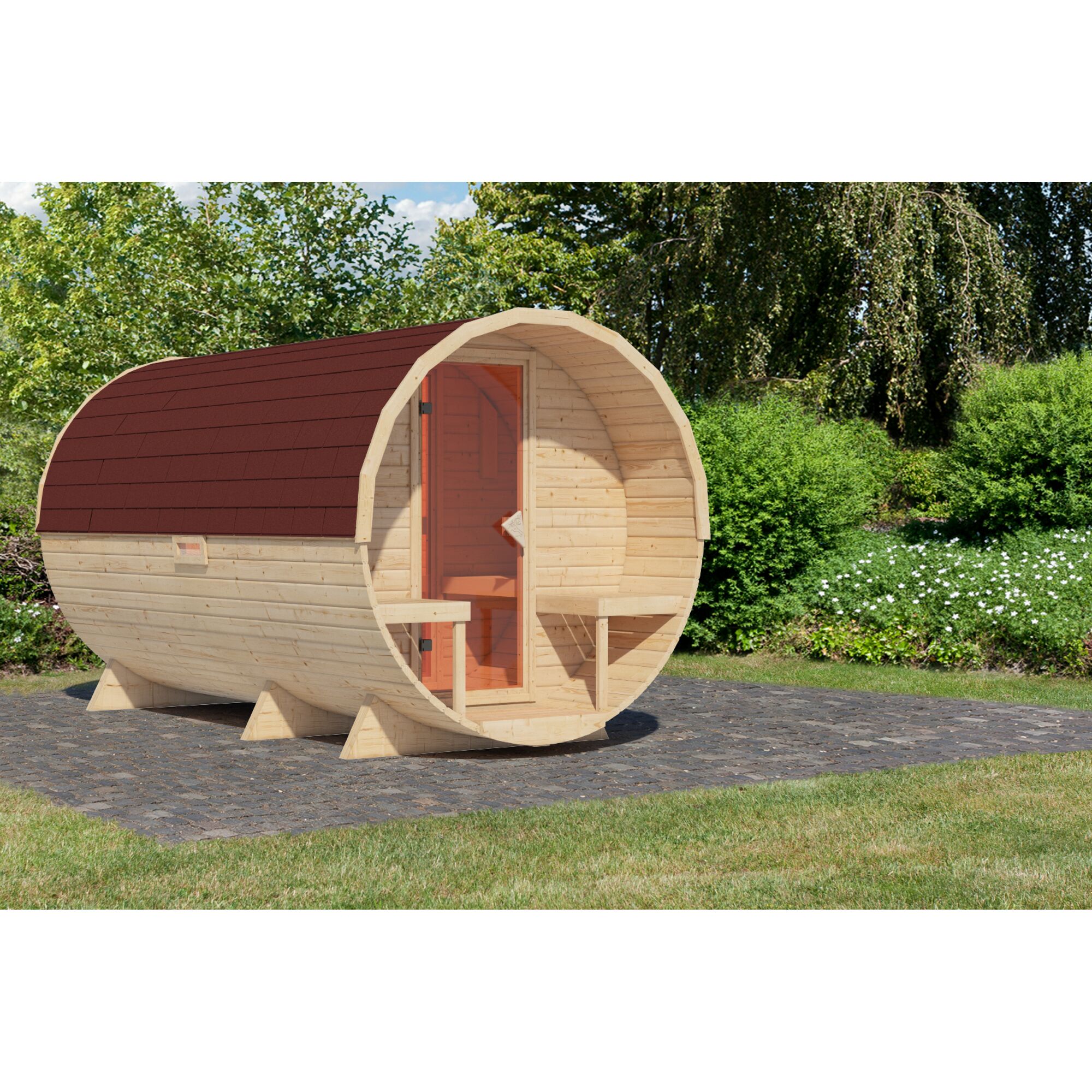Fassförmige Sauna aus Holz mit Schindeldach