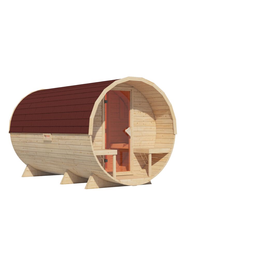 Fassförmige Sauna aus Holz mit Schindeldach