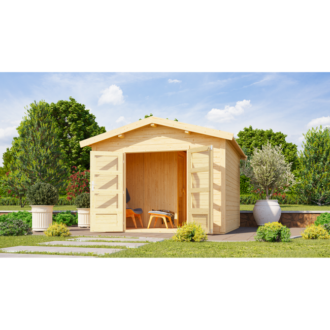 Bild von Gartenhaus mit Sauna 'Alberto' naturbelassen 9 kW Ofen externe Steuerung 304 x 304 x 250 cm