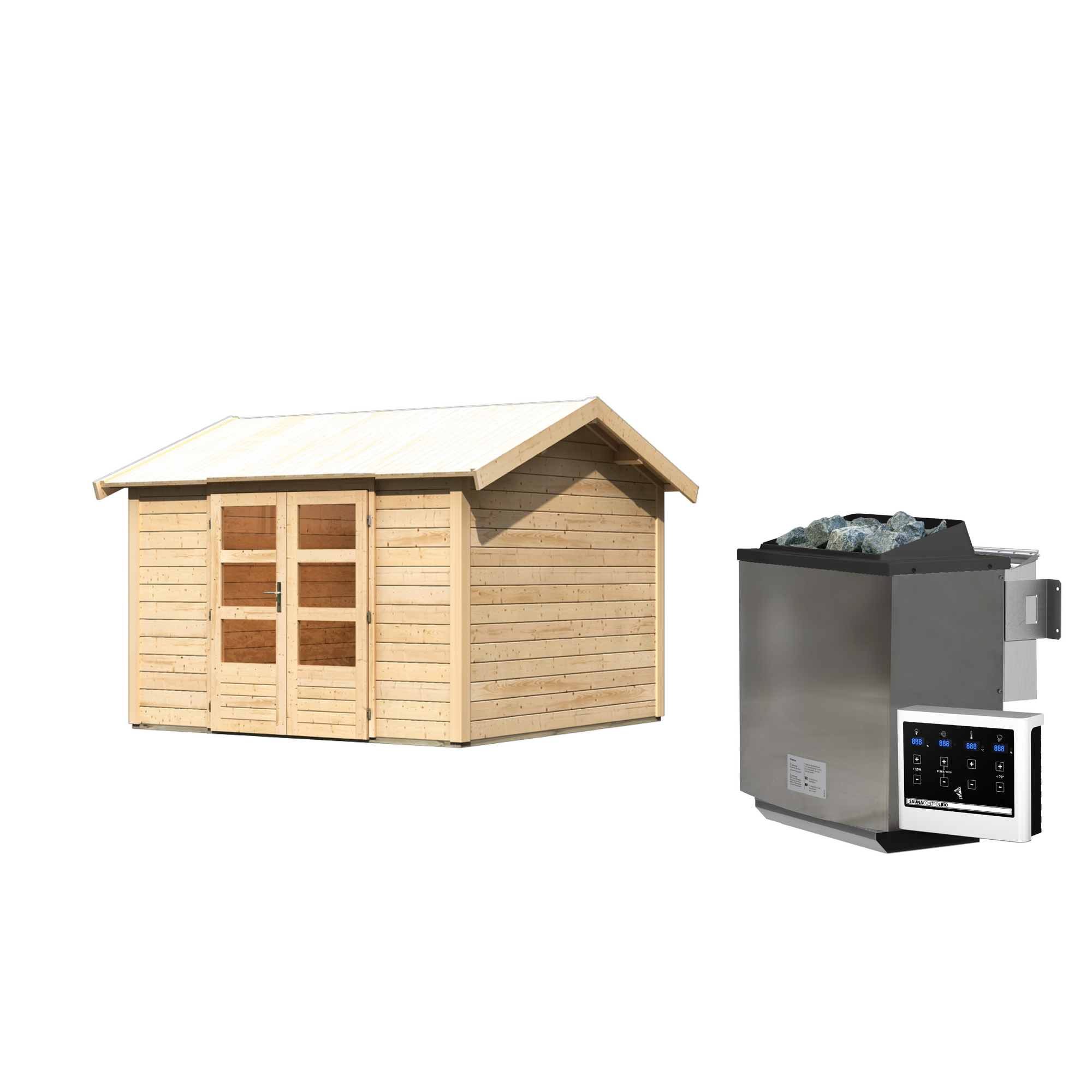 Gartenhaus mit Sauna 'Alberto' naturbelassen 9 kW Bio-Ofen externe Steuerung 304 x 304 x 250 cm + product picture