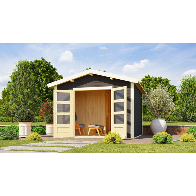 Bild von Gartenhaus mit Sauna 'Alberto' terragrau 304 x 304 x 250 cm