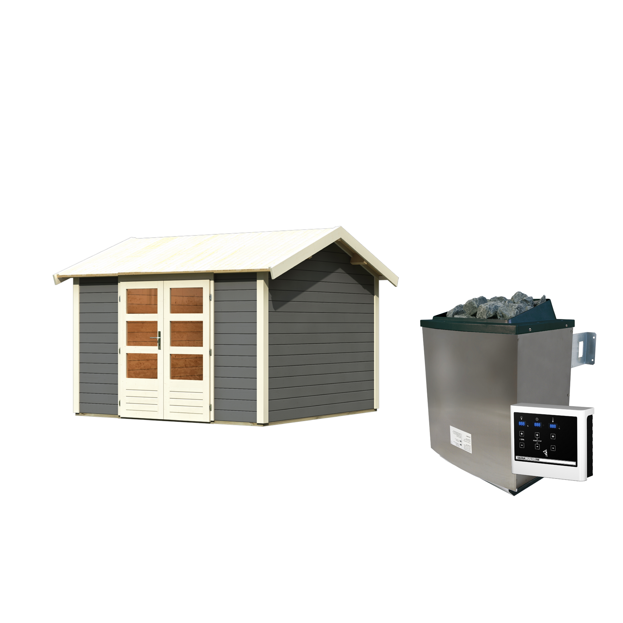 Gartenhaus mit Sauna 'Alberto' terragrau 9 kW Ofen externe Steuerung 304 x 304 x 250 cm + product picture