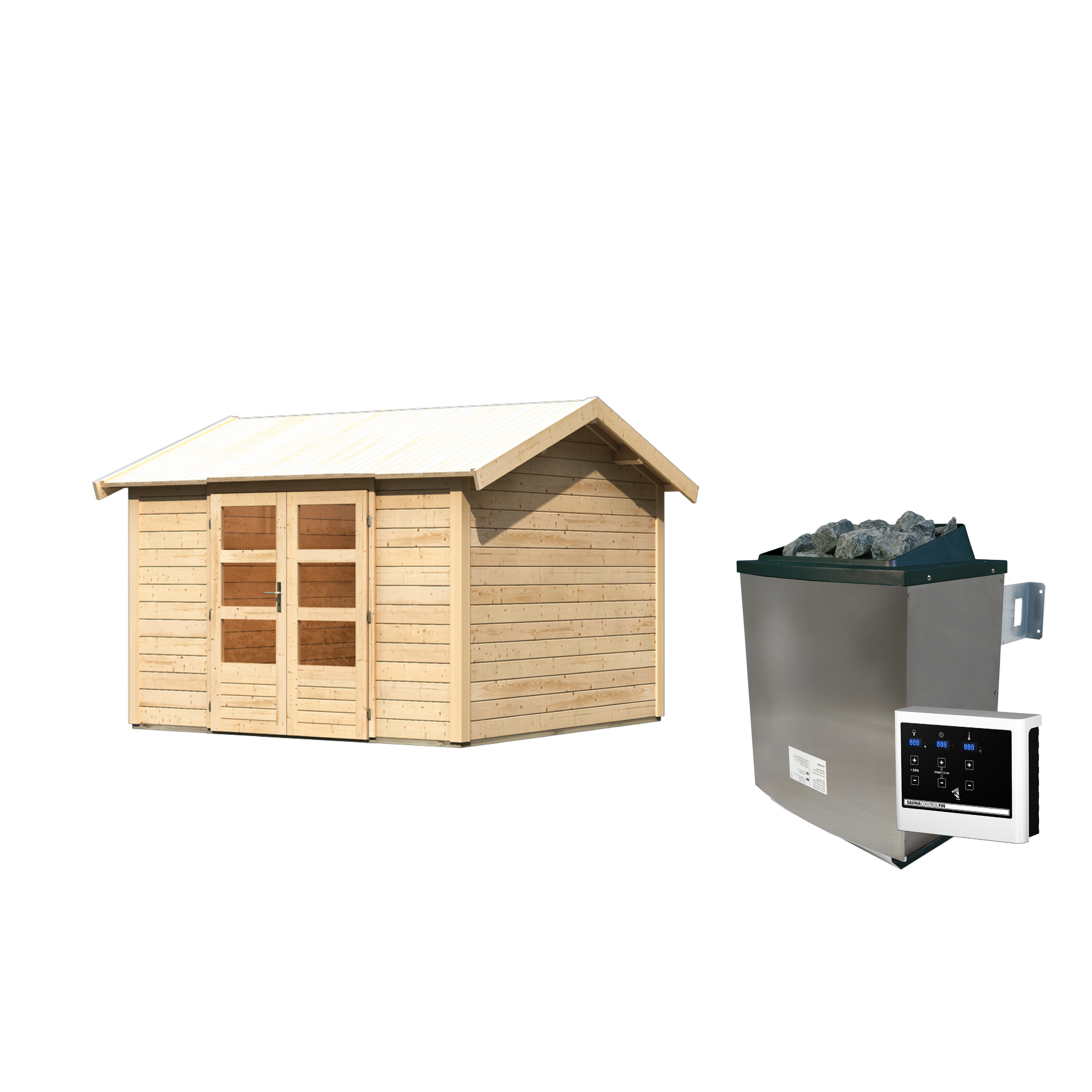 Gartenhaus mit Sauna 'Alejandro' naturbelassen 9 kW Ofen externe Steuerung 304 x 304 x 250 cm + product picture