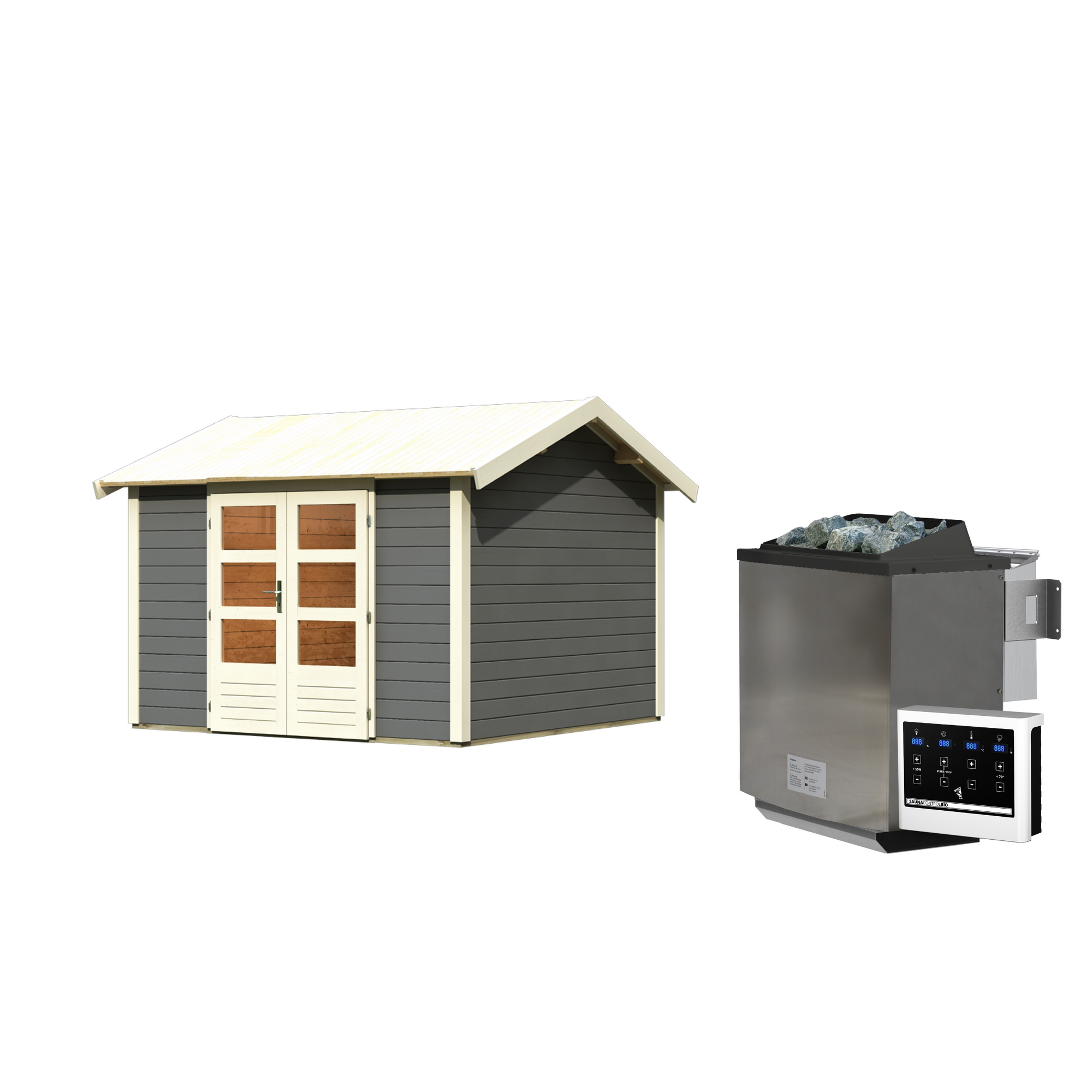 Gartenhaus mit Sauna 'Alejandro' terragrau 9 kW Bio-Ofen externe Steuerung 304 x 304 x 250 cm + product picture