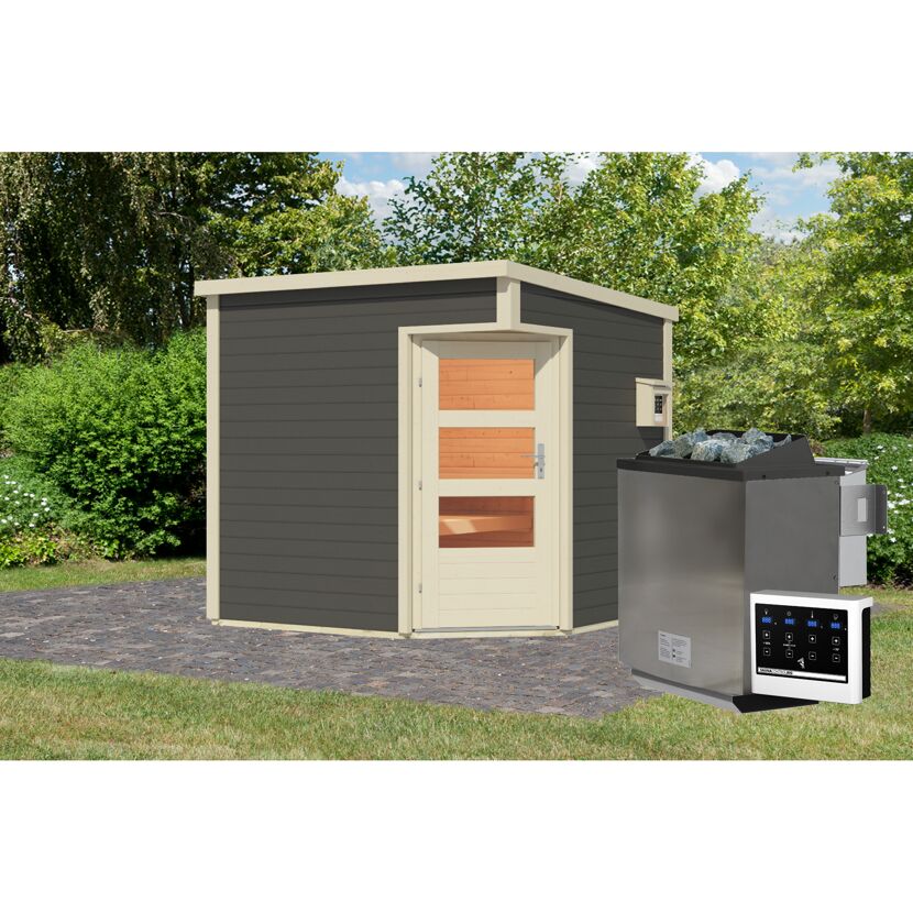 Graue Gartensauna mit Saunaofen und Steuerung