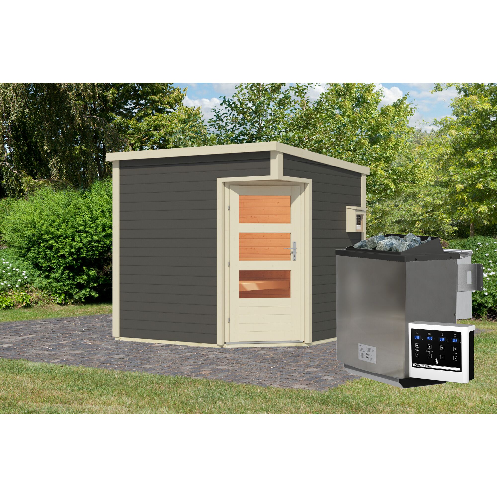 Graue Gartensauna mit Saunaofen und Steuerung