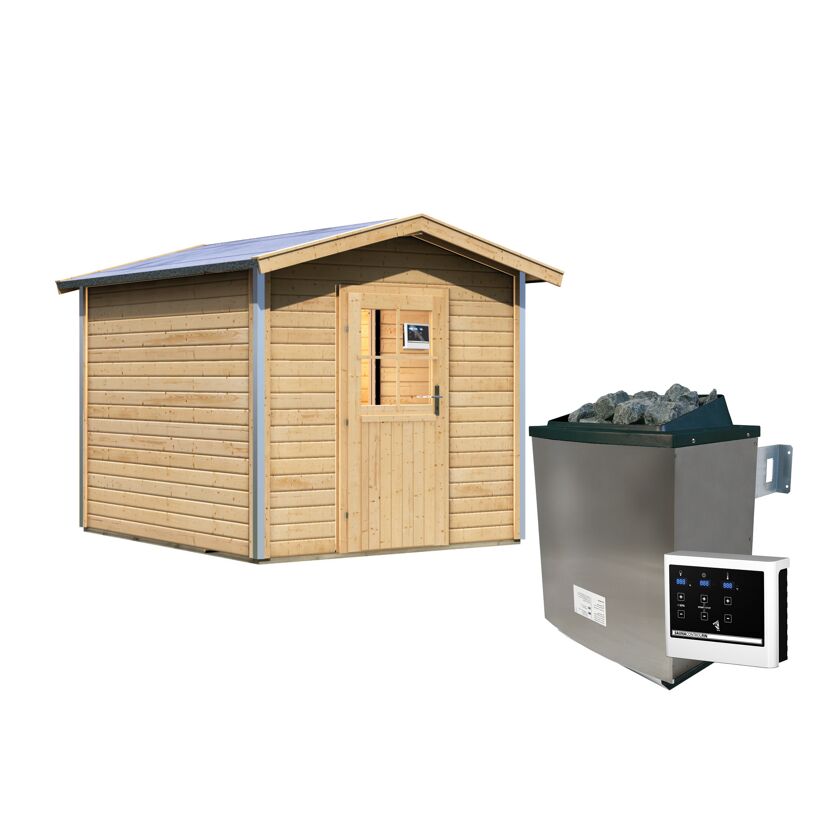 Saunahaus 'Bosse 1' naturbelassen mit Vorraum und klassischer Tür 9 kW Ofen externe Steuerung Easy 231 x 273 x 235 cm
