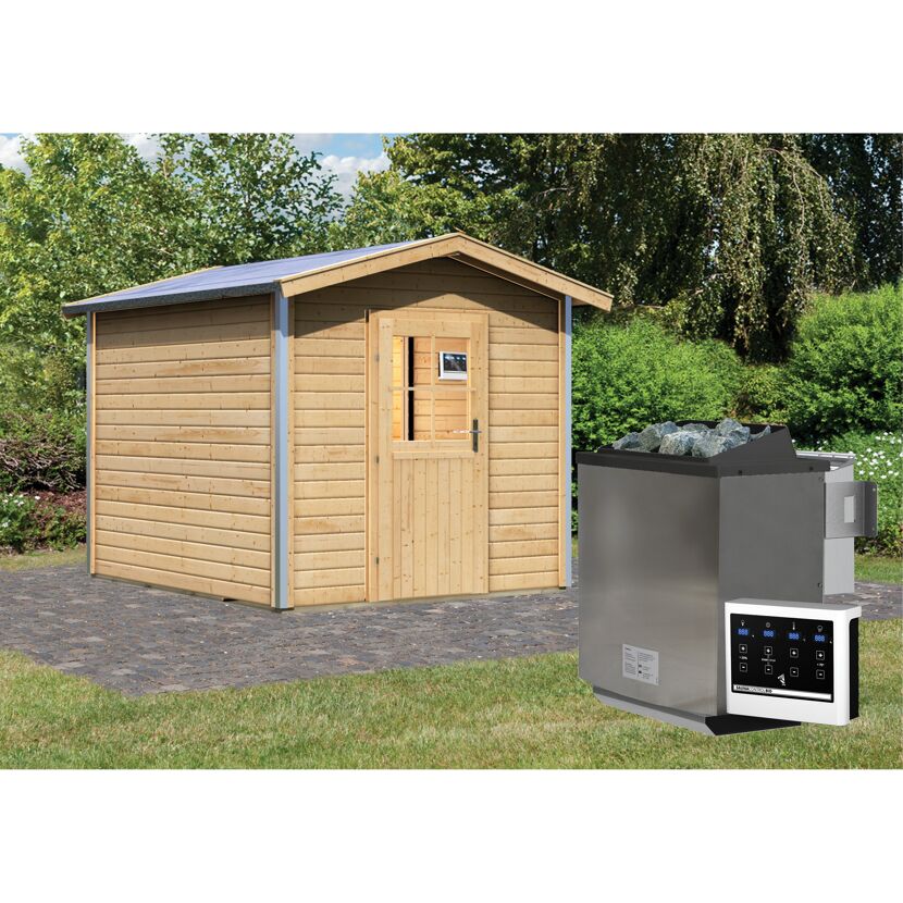 Saunahaus 'Bosse 1' naturbelassen mit Vorraum und klassischer Tür 9 kW Bio-Ofen externe Steuerung Easy 231 x 273 x 235 cm