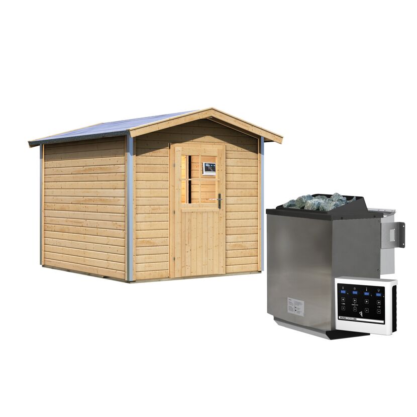 Saunahaus 'Bosse 1' naturbelassen mit Vorraum und klassischer Tür 9 kW Bio-Ofen externe Steuerung Easy 231 x 273 x 235 cm