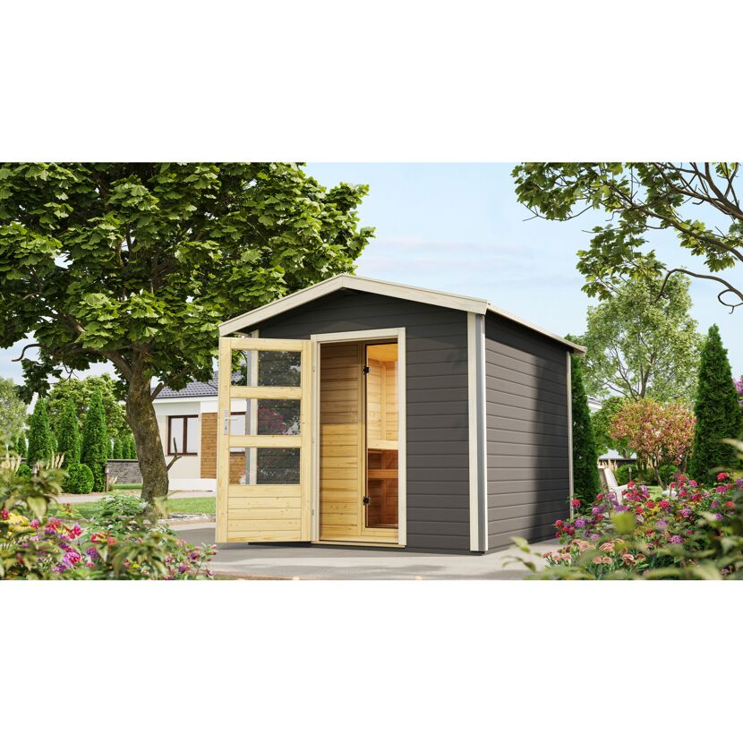 Saunahaus 'Bosse 1' terragrau mit Vorraum 9 kW Ofen externe Steuerung 231 x 273 x 235 cm