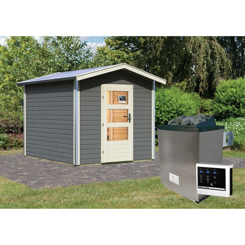 Saunahaus 'Bosse 1' terragrau mit Vorraum 9 kW Ofen externe Steuerung 231 x 273 x 235 cm