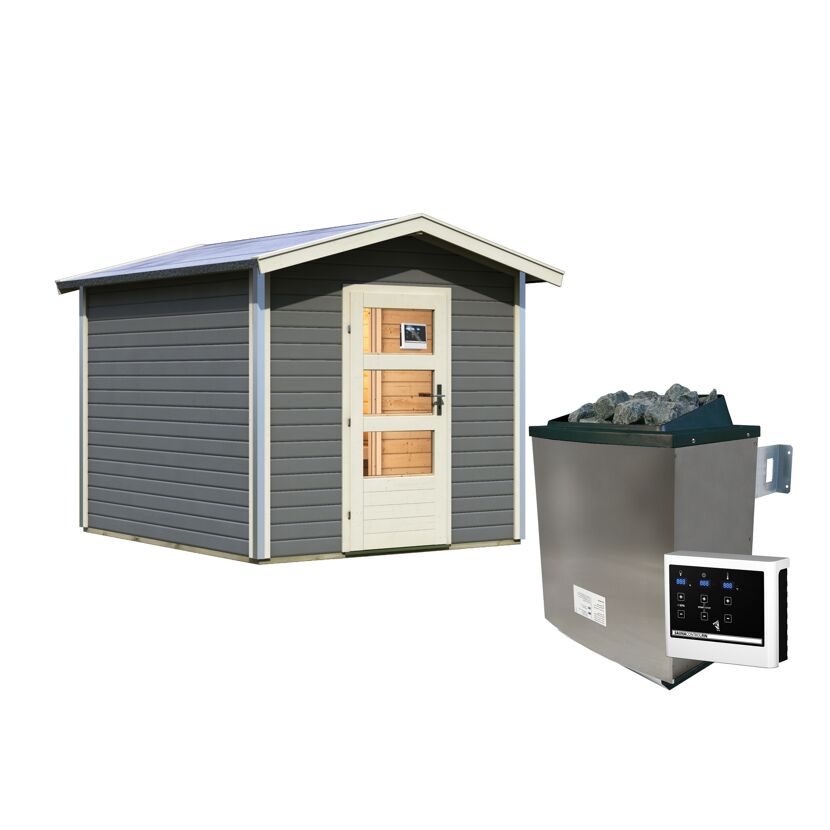 Saunahaus 'Bosse 1' terragrau mit Vorraum 9 kW Ofen externe Steuerung 231 x 273 x 235 cm