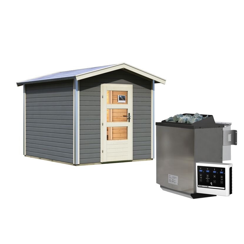 Saunahaus 'Bosse 1' terragrau mit Vorraum 9 kW Bio-Ofen externe Steuerung 231 x 273 x 235 cm
