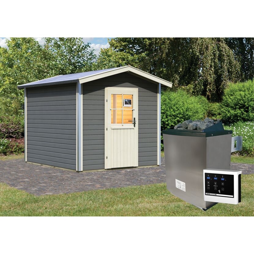 Graue Sauna im Garten mit Saunaofen
