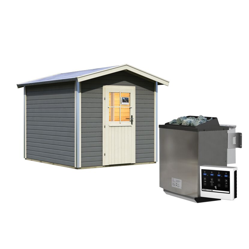 Saunahaus 'Bosse 1' terragrau mit Vorraum und klassischer Tür 9 kW Bio-Ofen externe Steuerung 231 x 273 x 235 cm