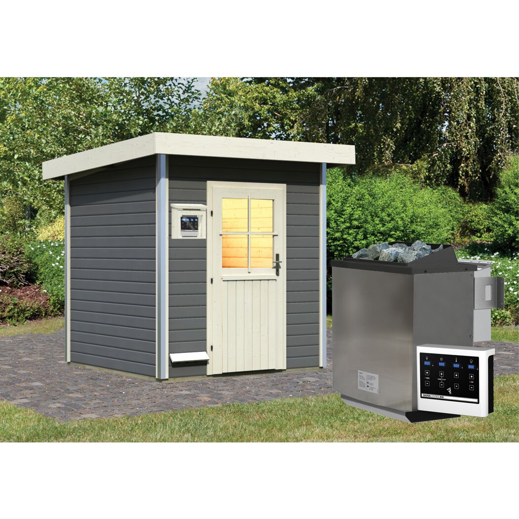 Graue Sauna im Garten mit Saunaofen und Steuerung