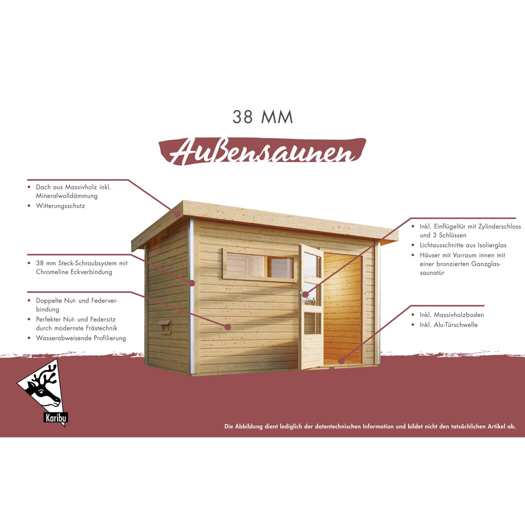 Karibu Außensauna aus Holz mit offener Tür.