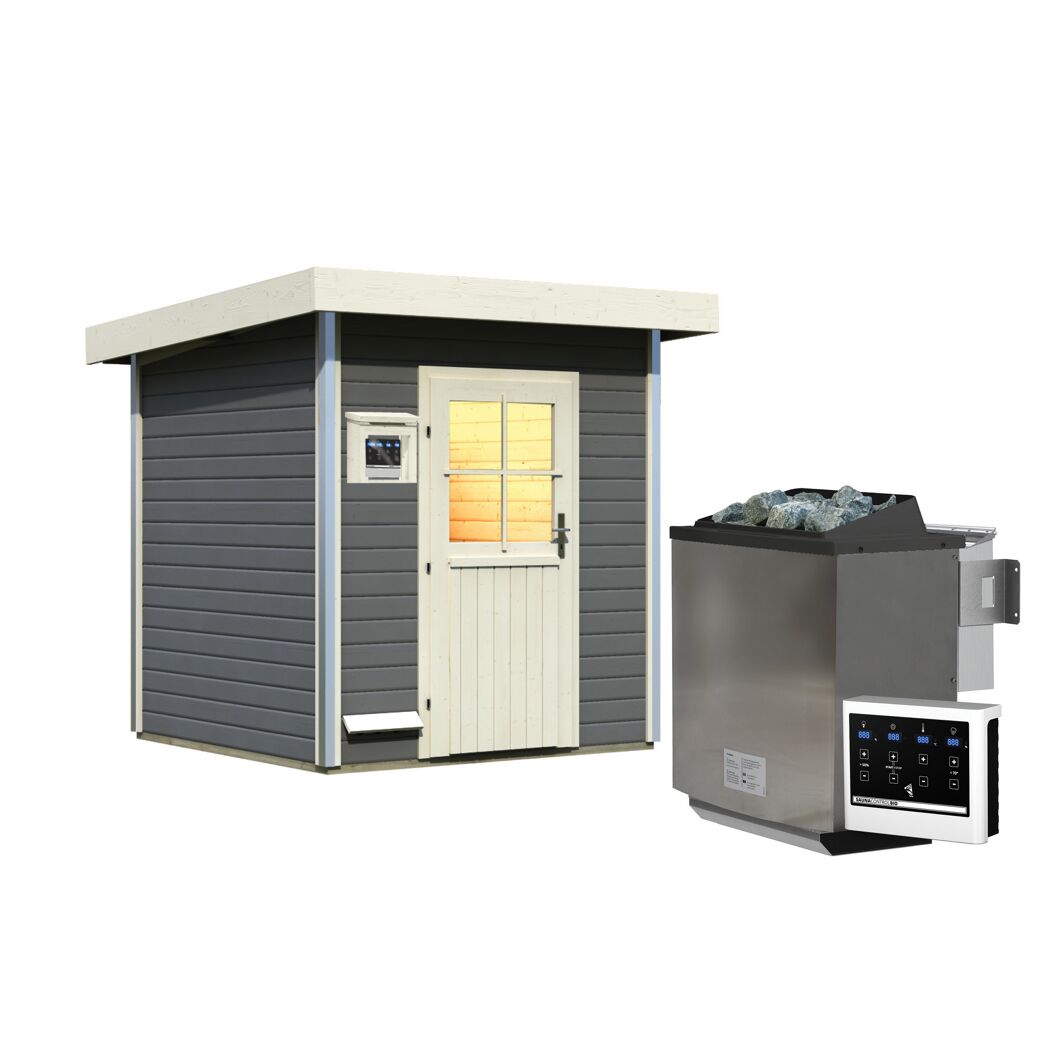 Grau-beige Sauna mit Saunaofen und Steuerung