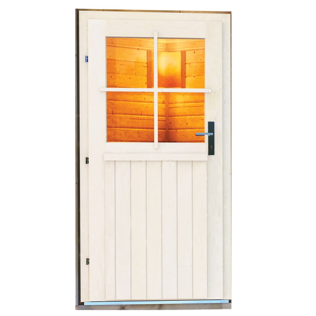 Weiße Holztür mit vier quadratischen Fenstern