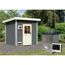 Graue Sauna mit weißem Dach und Tür im Garten