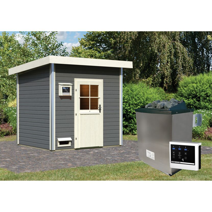 Graue Sauna mit weißem Dach und Tür im Garten
