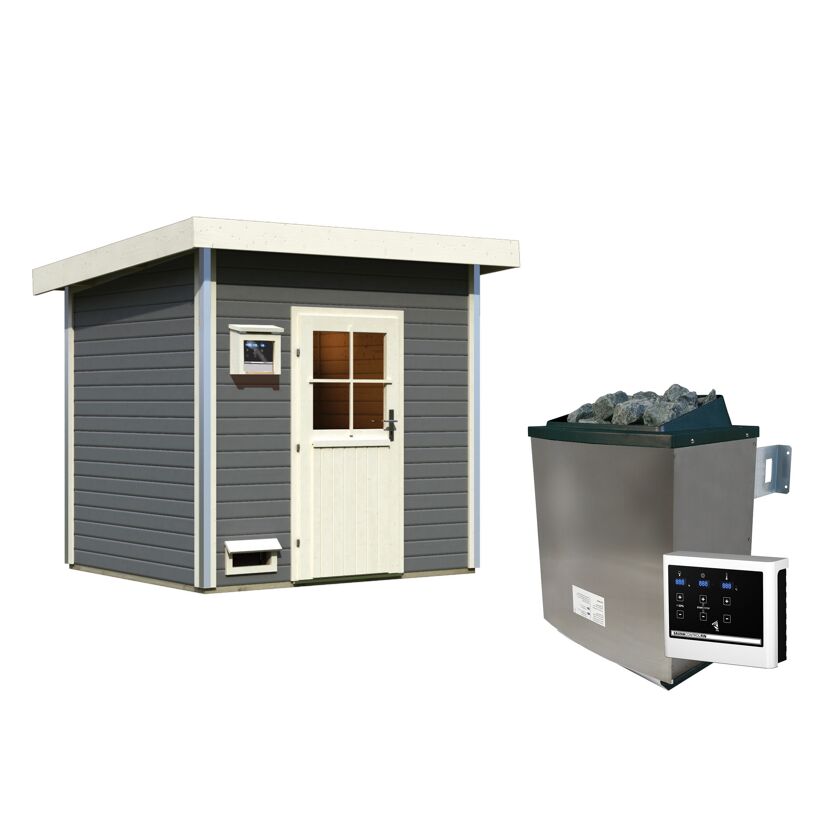 Graue Sauna mit Saunaofen