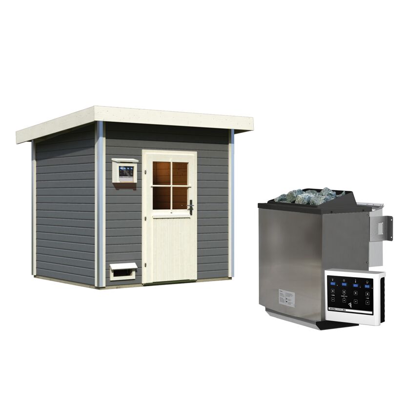 Saunahaus 'Norge' terragrau mit klassischer Tür 9 kW Bio-Ofen externe Steuerung Easy 231 x 196 x 238 cm