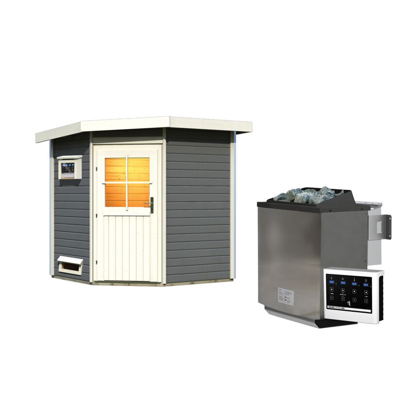 Saunahaus 'Hilario' terragrau mit klassischer Tür 9 kW Bio-Ofen externe Steuerung easy 196 x 196 x 226 cm