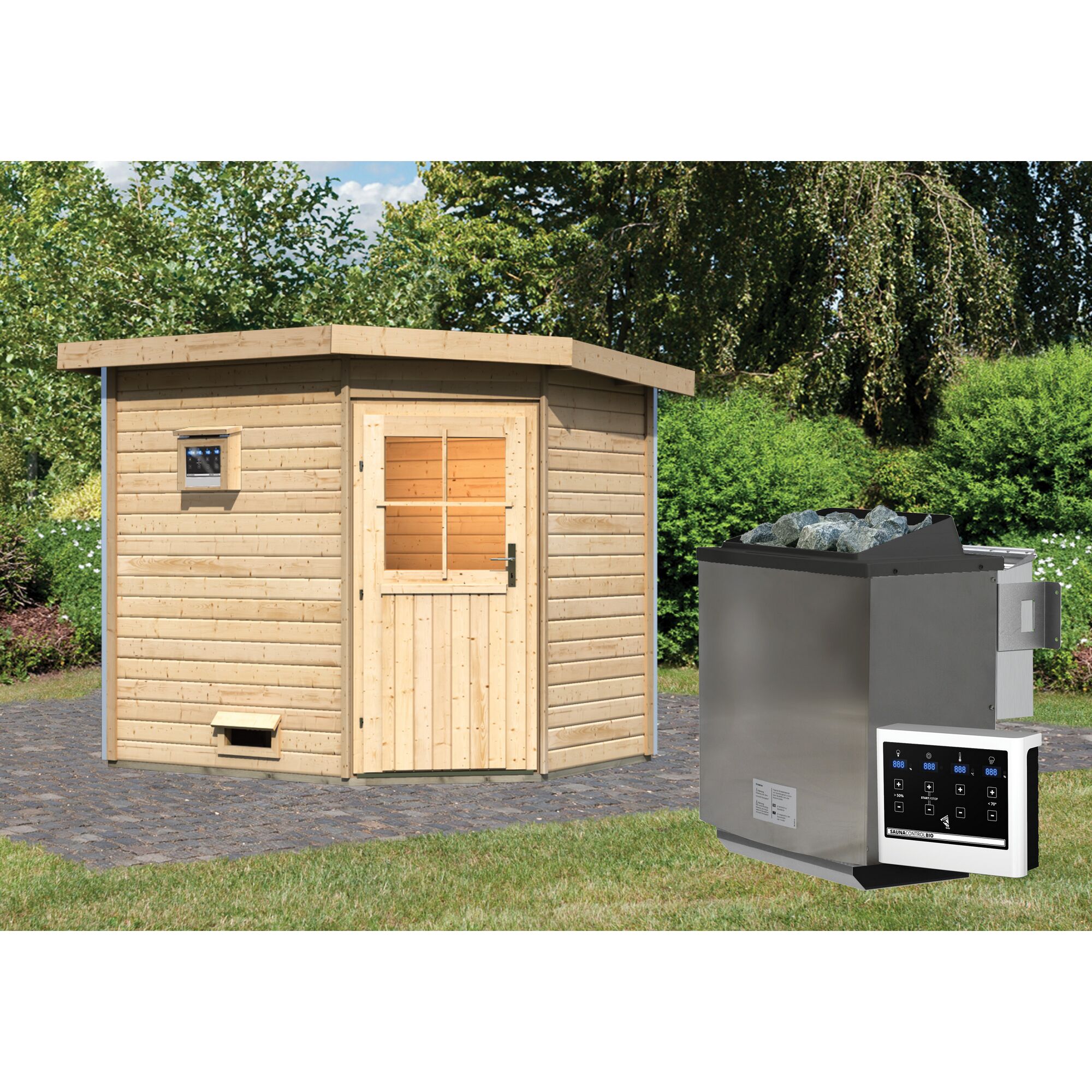 Eck-Sauna Mikka aus Holz mit Saunaofen