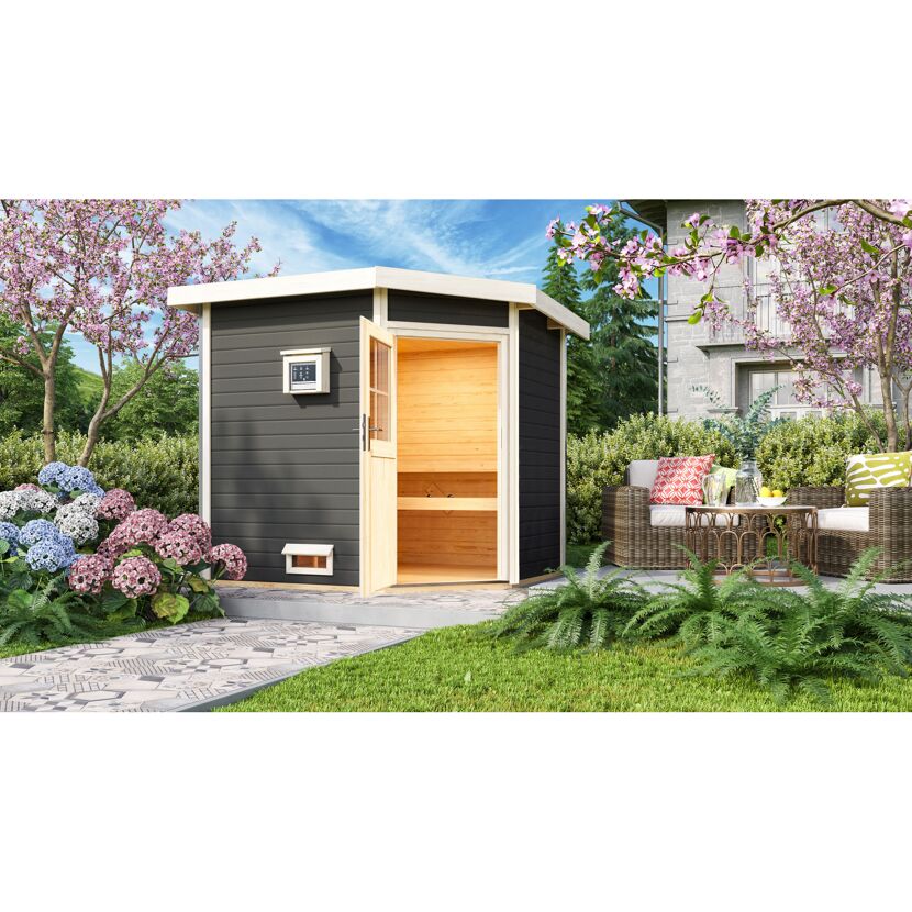 Saunahaus 'Mikka' terragrau mit klassischer Tür 9 kW Ofen externe Steuerung Easy 231 x 196 x 226 cm
