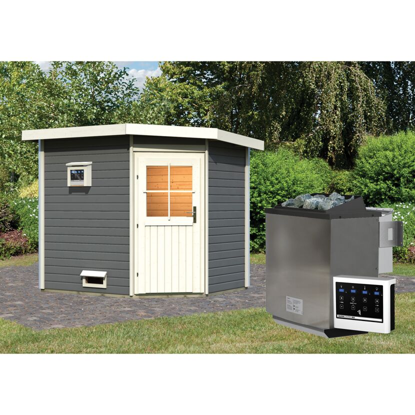 Saunahaus 'Mikka' terragrau mit klassischer Tür 9 kW Bio-Ofen externe Steuerung Easy 231 x 196 x 226 cm