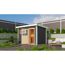 Saunahaus 'Skrollan 1' terragrau mit klassischer Tür 9 kW Bio-Ofen externe Steuerung Easy 336 x 196 x 228 cm