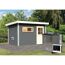 Saunahaus 'Skrollan 1' terragrau mit klassischer Tür 9 kW Bio-Ofen externe Steuerung Easy 336 x 196 x 228 cm