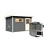 Saunahaus 'Skrollan 1' terragrau mit klassischer Tür 9 kW Bio-Ofen externe Steuerung Easy 336 x 196 x 228 cm