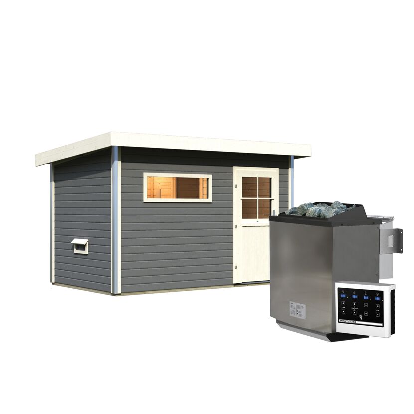 Saunahaus 'Skrollan 1' terragrau mit klassischer Tür 9 kW Bio-Ofen externe Steuerung Easy 336 x 196 x 228 cm
