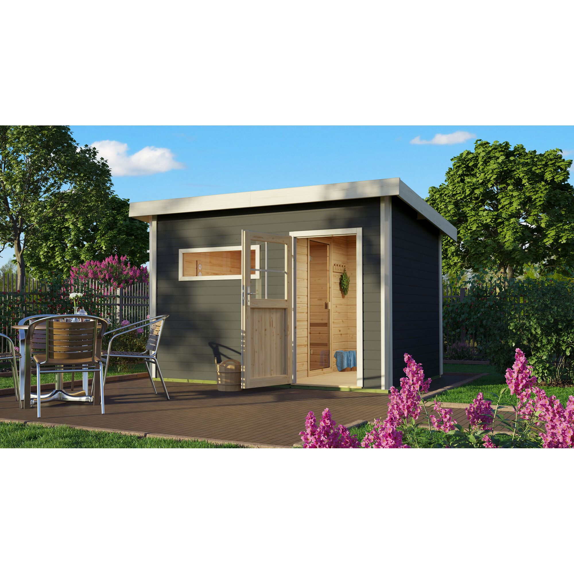 Gartenhaus mit geöffneter Tür und Sauna im Inneren