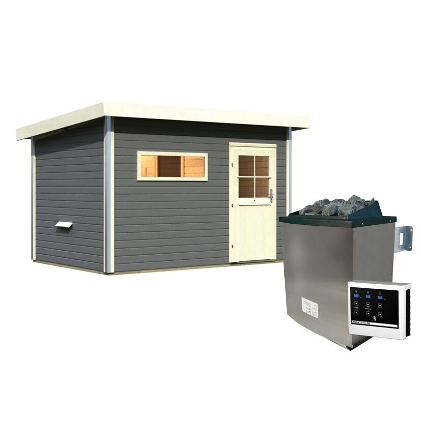 Saunahaus 'Skrollan 2' terragrau mit klassischer Tür 9 kW Ofen externe Steuerung 336 x 231 x 227 cm