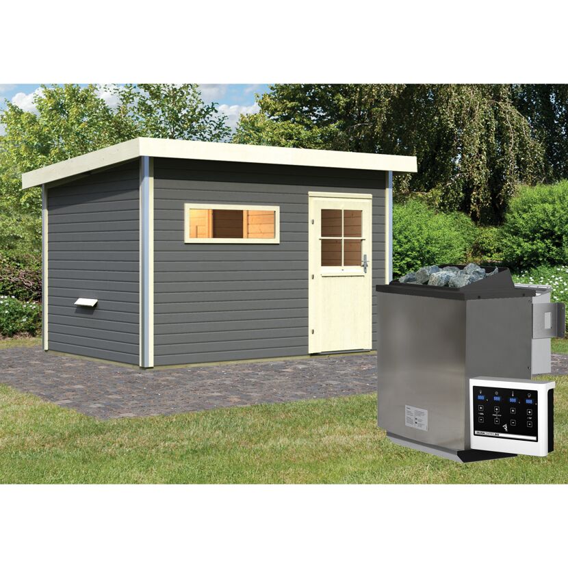 Saunahaus 'Skrollan 2' terragrau mit klassischer Tür 9 kW Bio-Ofen externe Steuerung 336 x 231 x 227 cm