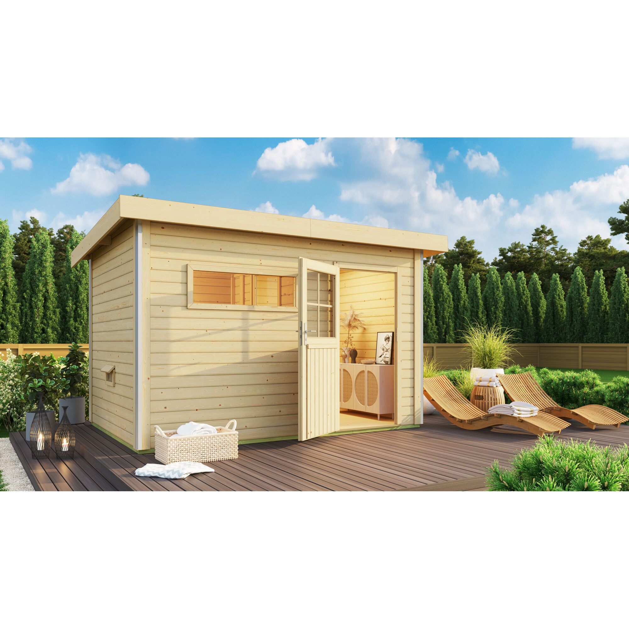 Gartenhaus aus Holz mit offener Tür und Gartenmöbeln