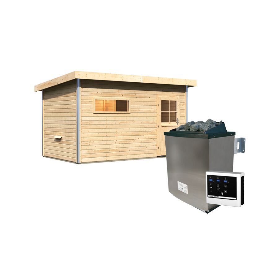 Saunahaus aus Holz mit Saunaofen und Steuerung