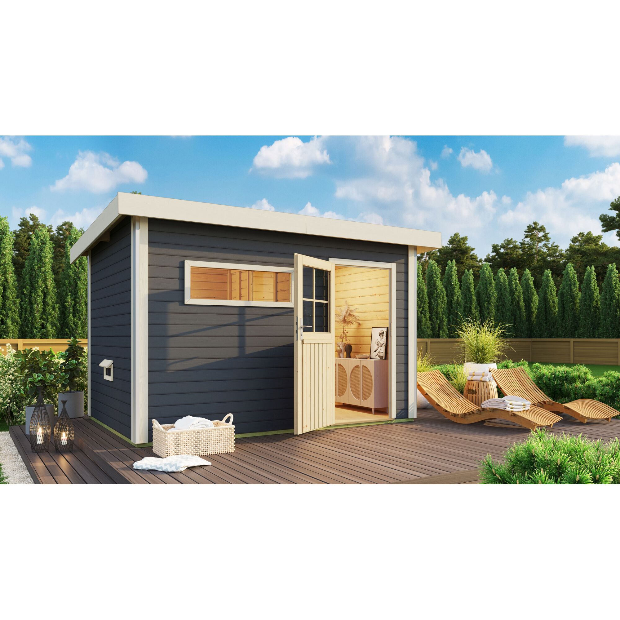 Gartenhaus Skrollan mit offener Tür und Liegestühlen