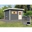 Saunahaus 'Skrollan 3' terragrau mit klassischer Tür 9 kW Bio-Ofen externe Steuerung 396 x 231 x 227 cm