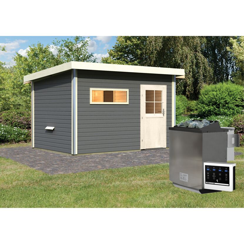 Saunahaus 'Skrollan 3' terragrau mit klassischer Tür 9 kW Bio-Ofen externe Steuerung 396 x 231 x 227 cm