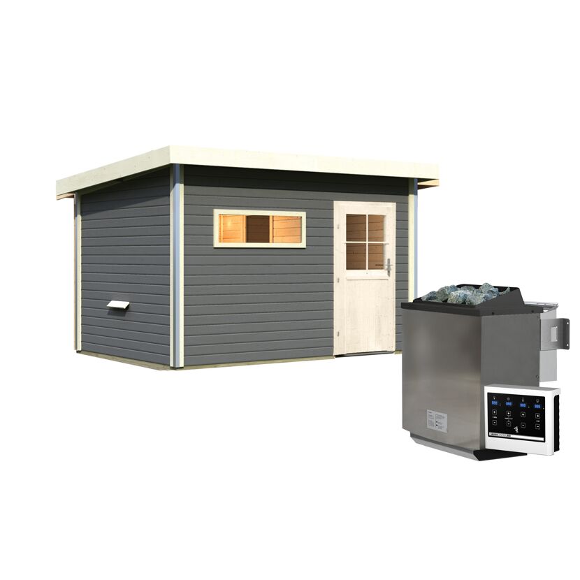 Saunahaus 'Skrollan 3' terragrau mit klassischer Tür 9 kW Bio-Ofen externe Steuerung 396 x 231 x 227 cm