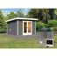 Graue Sauna im Garten mit Saunaofen