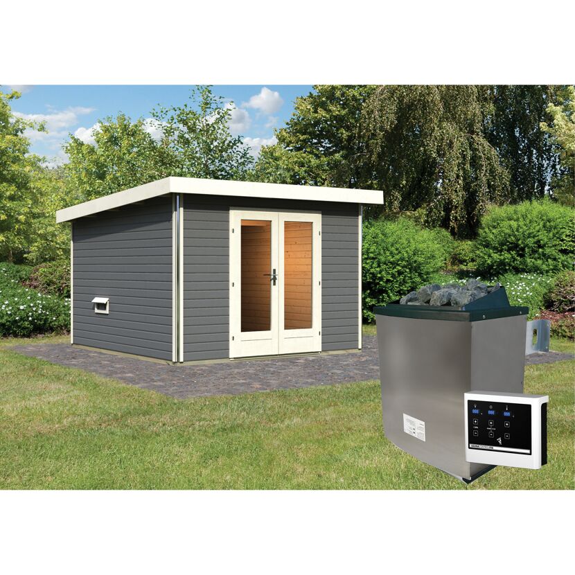 Graue Sauna im Garten mit Saunaofen