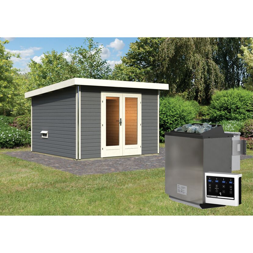 Saunahaus 'Francisco 1' A terragrau 9 kW Bio-Ofen externe Steuerung 309 x 309 x 229 cm