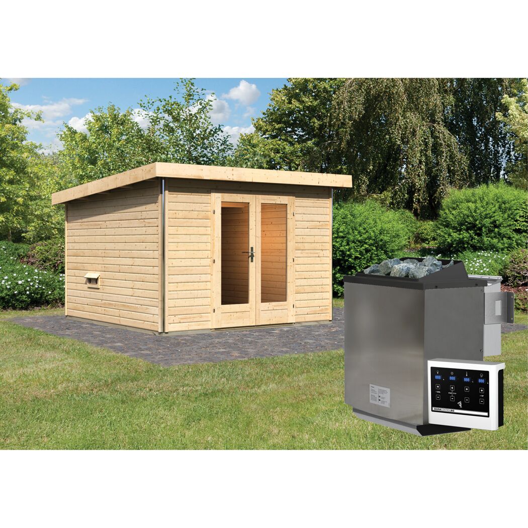 Saunahaus 'Francisco 1' B naturbelassen 9 kW Bio-Ofen externe Steuerung 309 x 309 x 229 cm