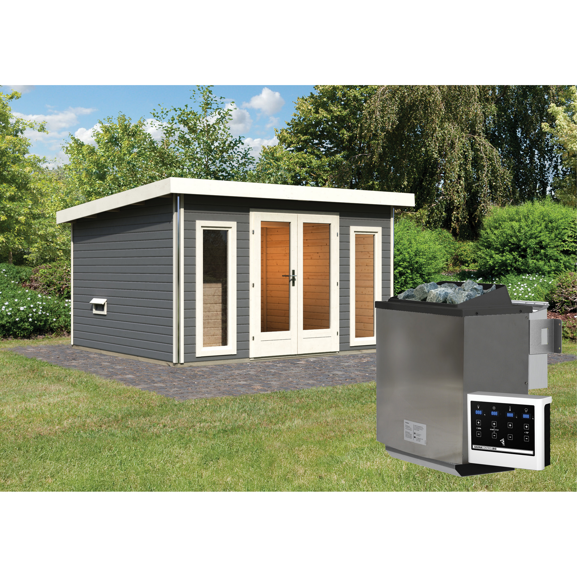 Saunahaus 'Francisco 2' A terragrau 9 kW Bio-Ofen externe Steuerung 369 x 309 x 229 cm + product picture