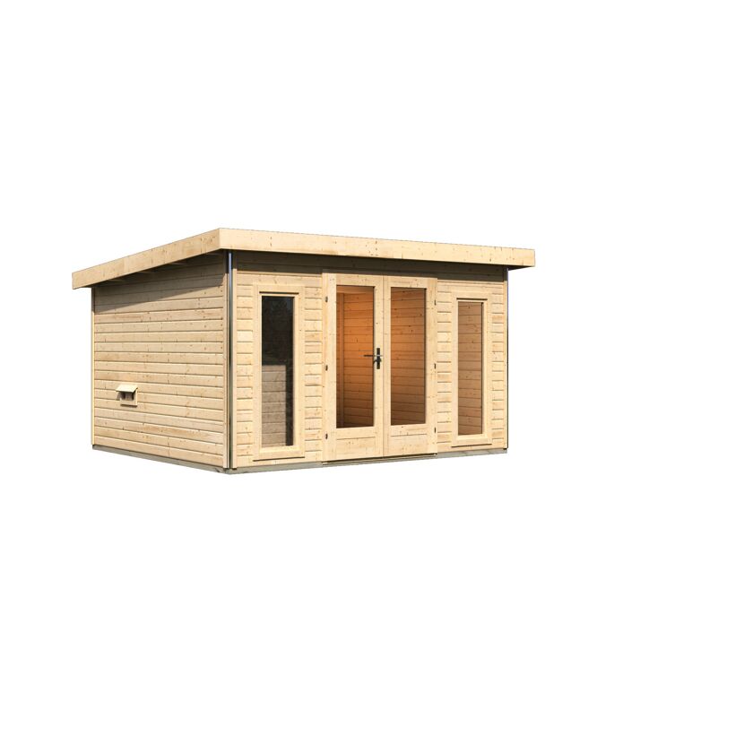 Kleines Gartenhaus aus Holz mit Fenstern und Türen.
